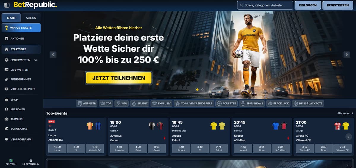 BetRepublic Startseite mit Banner, das einen 100 %-Bonus bis zu 250 € auf die erste Wette bewirbt. Seitenleiste umfasst Sport, Casino, Live-Wetten, Pferderennen und VIP-Programm. Bereich „Top-Events“ zeigt aktuelle Quoten für Fußball, Tennis, Basketball und weitere Sportarten.